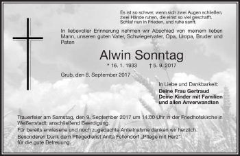 Traueranzeige von Alwin Sonntag von Frankenpost