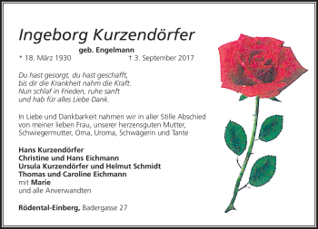 Traueranzeige von Ingeborg Kurzendörfer von Neue Presse Coburg