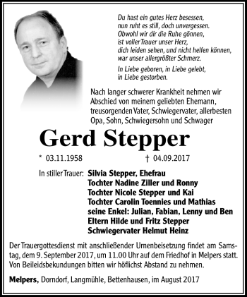 Traueranzeige von Gerd Stepper von Südthüringer Presse