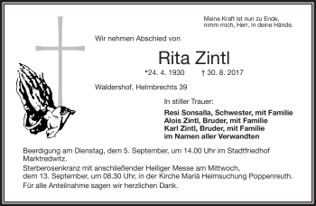 Traueranzeige von Rita Zintl von Frankenpost