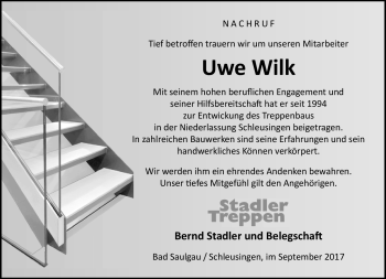 Traueranzeige von Uwe Wilk von Südthüringer Presse