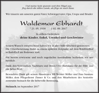 Traueranzeige von Waldemar Ebhardt von Südthüringer Presse