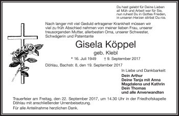 Traueranzeige von Gisela Köppel von Frankenpost