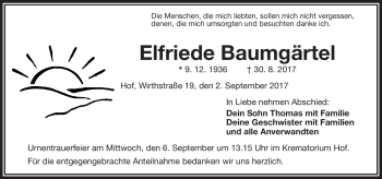 Traueranzeige von Elfriede Baumgärtel von Frankenpost