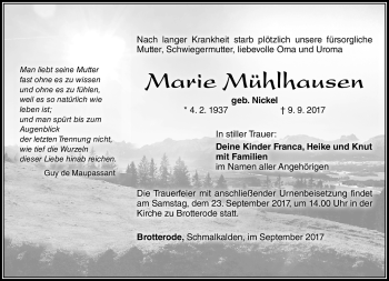 Traueranzeige von Marie Mühlhausen von Südthüringer Presse