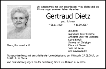 Traueranzeige von Gertraud Dietz von Neue Presse Coburg