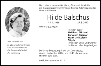 Traueranzeige von Hilde Balschus von Südthüringer Presse