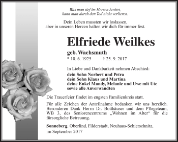 Traueranzeige von Elfriede Weilkes von Südthüringer Presse