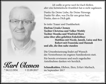 Traueranzeige von Karl Clemen von Südthüringer Presse