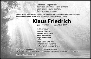 Traueranzeige von Klaus Friedrich von Südthüringer Presse