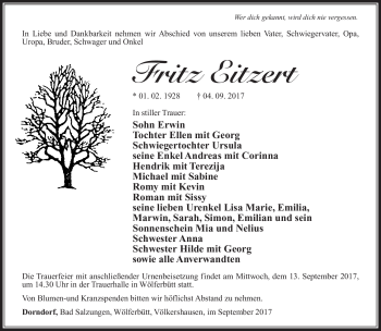 Traueranzeige von Fritz Eitzert von Südthüringer Presse