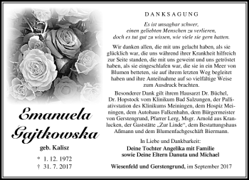 Traueranzeige von Emanuela Gajtkowska von Südthüringer Presse