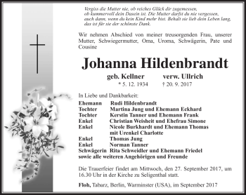 Traueranzeige von Johanna Hildenbrandt von Südthüringer Presse