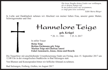 Traueranzeige von Hannelore Teige von Südthüringer Presse