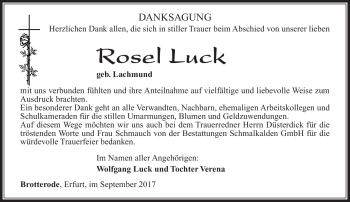 Traueranzeige von Rosel Luck von Südthüringer Presse