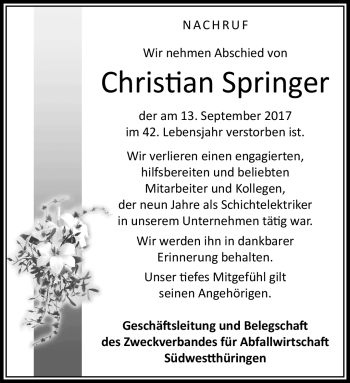 Traueranzeige von Christian Springer von Südthüringer Presse