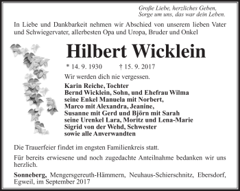 Traueranzeige von Hilbert Wicklein von Südthüringer Presse