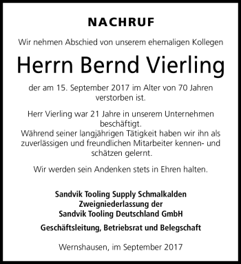 Traueranzeige von Bernd Vierling von Südthüringer Presse