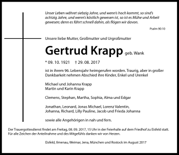 Traueranzeige von Gertrud Krapp von Südthüringer Presse