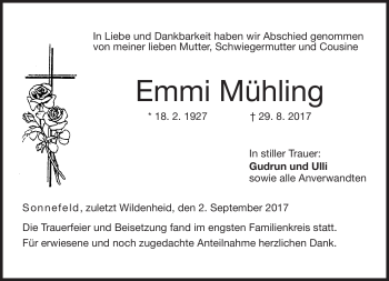 Traueranzeige von Emmi Mühling von Neue Presse Coburg