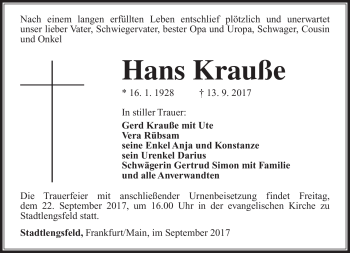 Traueranzeige von Hans Krauße von Südthüringer Presse