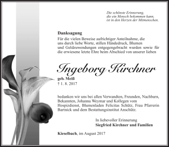 Traueranzeige von Ingeborg Kirchner von Südthüringer Presse