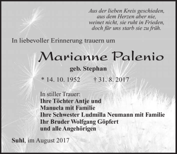 Traueranzeige von Marianne Palenio von Südthüringer Presse