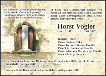 Traueranzeige von Horst Vogler von Südthüringer Presse