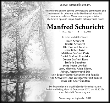 Traueranzeige von Manfred Schuricht von Südthüringer Presse