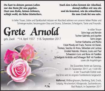 Traueranzeige von Grete Arnold von Südthüringer Presse