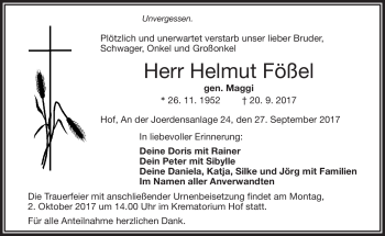 Traueranzeige von Helmut Fößel von Frankenpost
