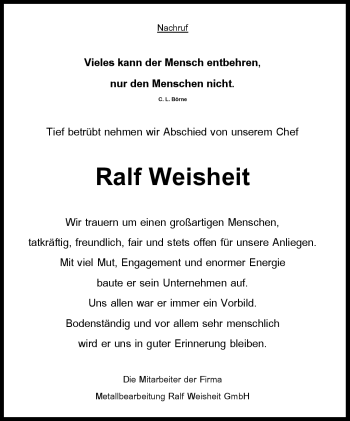 Traueranzeige von Ralf Weisheit von Südthüringer Presse