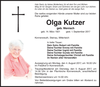Traueranzeige von Olga Kutzer von Frankenpost