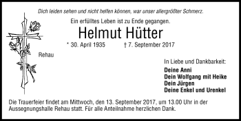 Traueranzeige von Helmut Hütter von Frankenpost