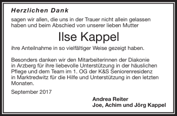 Traueranzeige von Ilse Kappel von Frankenpost