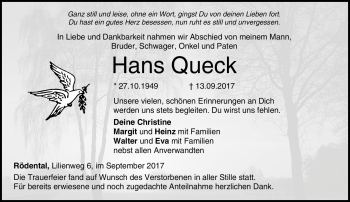 Traueranzeige von Hans Queck von Neue Presse Coburg