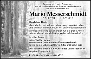 Traueranzeige von Mario Messerschmidt von Südthüringer Presse