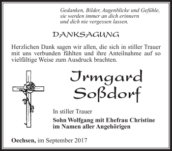 Traueranzeige von Irmgard Soßdorf von Südthüringer Presse