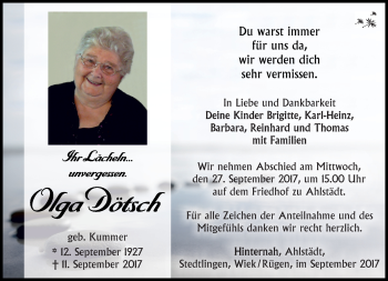 Traueranzeige von Olga Dötsch von Südthüringer Presse