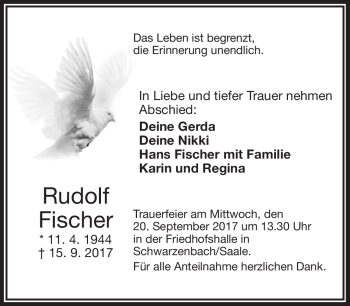 Traueranzeige von Rudolf Fischer von Frankenpost
