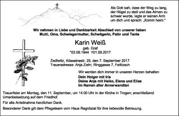 Traueranzeige von karin Weiß von Frankenpost