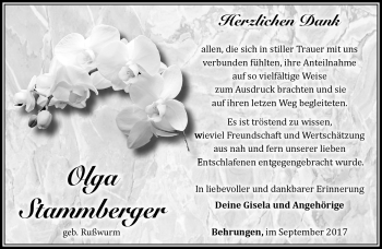 Traueranzeige von Olga Stammberger von Südthüringer Presse