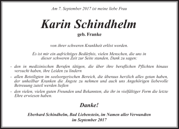 Traueranzeige von Karin Schindhelm von Südthüringer Presse