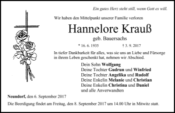 Traueranzeige von Hannelore Krauß von Neue Presse Coburg