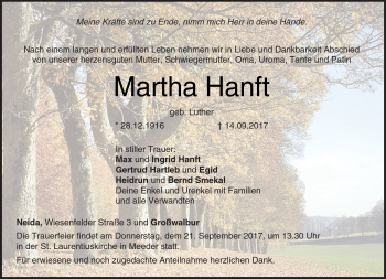 Traueranzeige von Martha Hanft von Neue Presse Coburg