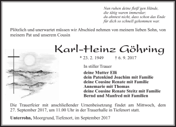 Traueranzeige von Karl-Heinz Göhring von Südthüringer Presse