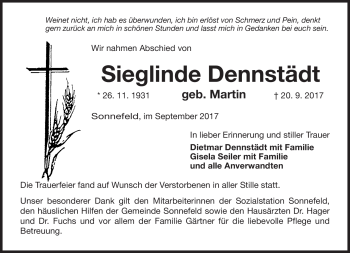 Traueranzeige von Sieglinde Dennstädt von Neue Presse Coburg