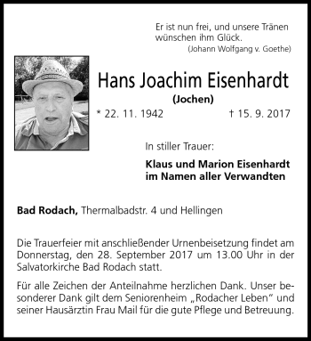 Traueranzeige von Hans Joachim Eisenhardt von Neue Presse Coburg