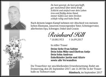 Traueranzeige von Reinhard Hill von Südthüringer Presse