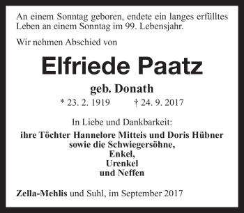 Traueranzeige von Elfriede Paatz von Südthüringer Presse
